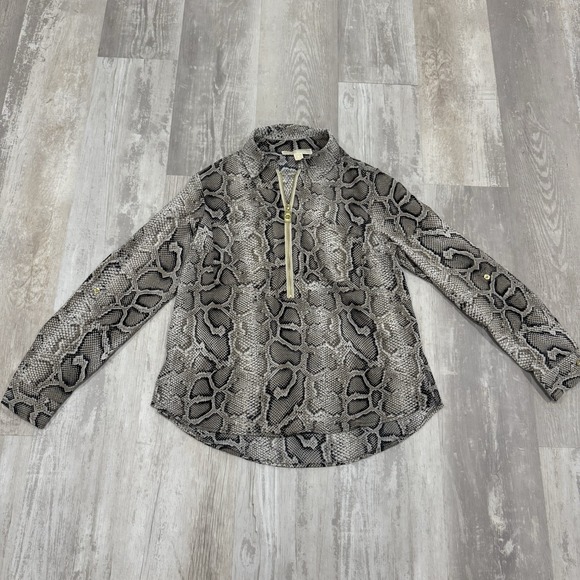Michael Kors Women's Small Snakeskin Print Gold Black Blouse Half Zip Accent Y2K - Picture 1 of 15